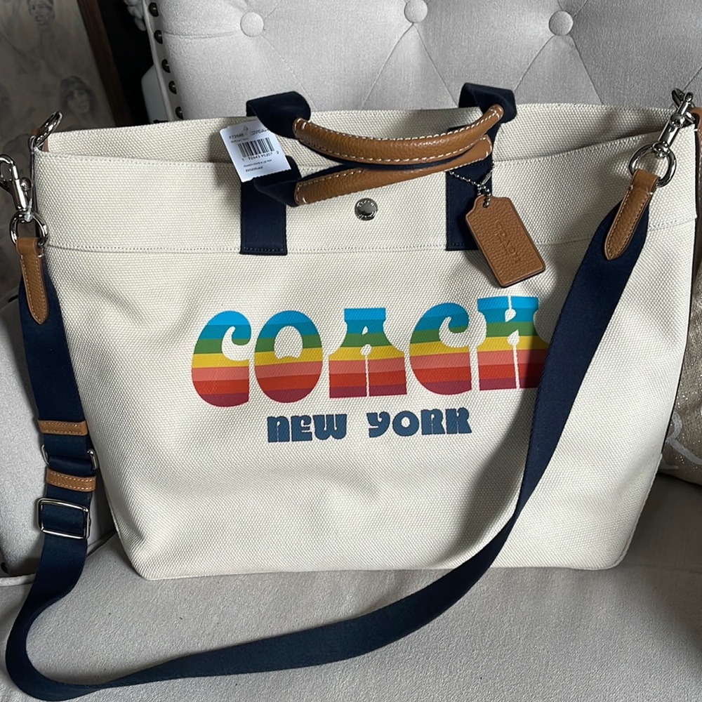 Coach Extra Large tote with Rainbow Lettering/Multi Canvas/Leather